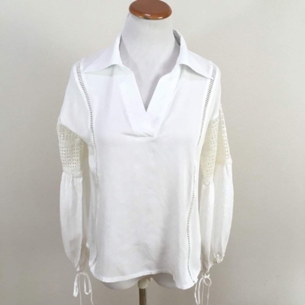 Sister Jane White Blouse Boho Hippie Long Sleeve V-Neck Top Women's Small